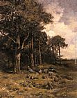 Resting Paintings - Shepherdess Resting With Her Flock by Charles Emile Jacque